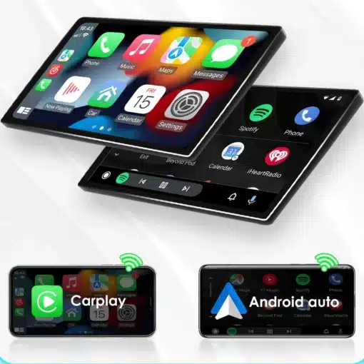 2 Din Android raadio CarPlay Hyundai Santa Fe 2013-2017 | E-pood Tootemaailm 2 Din Android raadio koos CarPlay funktsionaalsusega, Hyundai Santa Fe 2013-2017 mudelile. Pildil on kaks ekraani, millel kuvatakse erinevaid rakendust ikoonidega nagu kaardid ja sõnumid mustal taustal.