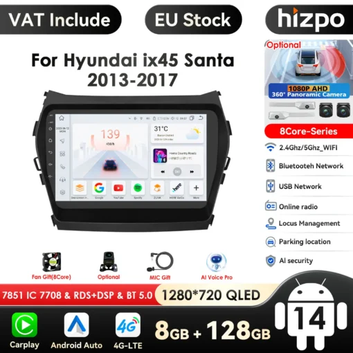2 Din Android raadio CarPlay Hyundai Santa Fe 2013-2017 | E-pood Tootemaailm 2 Din Android raadio CarPlay Hyundai Santa Fe 2013-2017 on musta raamiga ja interaktiivse QLED-ekraaniga, kuhu on kuvatud mitmeid rakendusi ja informatsiooni. Raadio pakub funktsioone nagu CarPlay ja Android Auto, ühenduvusvõimalusi ning on kohandatud Hyundai Santa Fe 2013-2017 mudelile.
