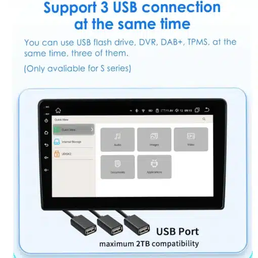 2 Din Android raadio CarPlay Hyundai Santa Fe 2013-2017 | E-pood Tootemaailm 2 Din Android raadio CarPlay Hyundai Santa Fe 2013-2017 ekraan, mis toetab kolme USB-seadme ühendamist korraga. Näidatud on menüü valikud ekraanil ja allosas kolm USB-porti, mida ümbritseb sinakas taust.