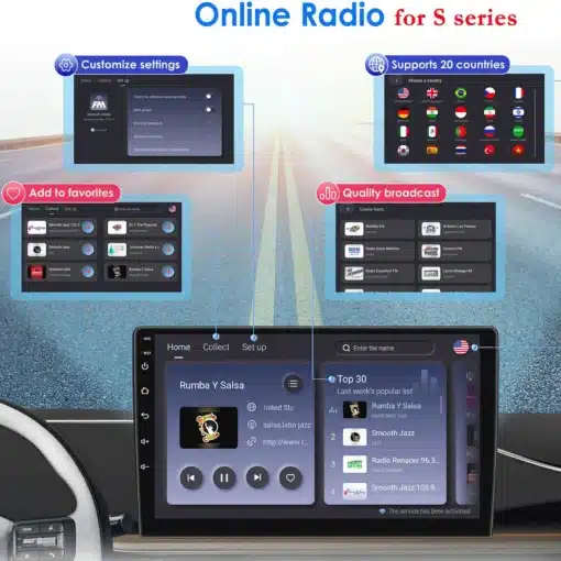 2 Din Android raadio CarPlay Hyundai Santa Fe 2013-2017 | E-pood Tootemaailm 2 Din Android raadio CarPlay Hyundai Santa Fe 2013-2017, mida näidatakse armatuuril koos kasutajaliidese funktsioonidega, nagu seadete kohandamine ja lemmikute lisamine. Ekraanil kuvatakse mitme rahvusvahelise raadiojaama ikoonid ja tugevad signaali kvaliteedid, auto sõidab avatud maanteel.