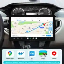 Autoraadio CarPlay Bluetooth USB Ford Focus, esiplaanil koos navigeerimiskaardiga armatuurlaual, kuvab juhtnööre Londonisse. Stiilne must ekraan autos, millel on erinevad navigeerimisrakendused nagu Google Maps ja iGO.