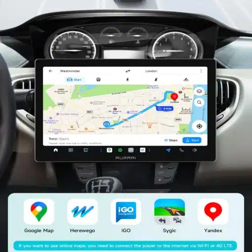 Autoraadio CarPlay Bluetooth USB Ford Focus, esiplaanil koos navigeerimiskaardiga armatuurlaual, kuvab juhtnööre Londonisse. Stiilne must ekraan autos, millel on erinevad navigeerimisrakendused nagu Google Maps ja iGO.