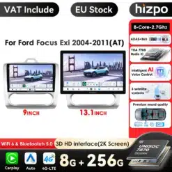Autoraadio CarPlay Bluetooth USB Ford Focus 9-tollise ja 13,1-tollise ekraaniga, illustreeritud erinevate omaduste ja tehniliste näitajatega, nagu 8-tuumaline protsessor ja AI hääljuhtimine.