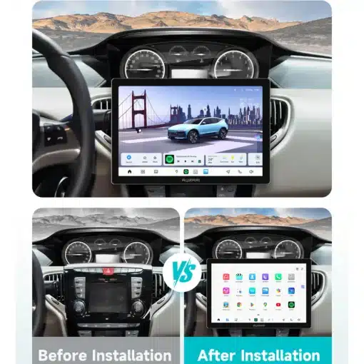 Autoraadio CarPlay Bluetooth USB Ford Focus uus paigaldus hõbedase armatuurlaua keskel, millel on suur ekraan, kuvades modernseid rakendusi ja funktsioone, mustad ja hõbedased nupud ümbritsevad ekraani.