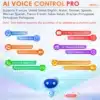 Graafiline esitus AI Voice Control Pro funktsioonidest, sealhulgas mitmekeelne hääljuhtimine ja erinevad tegevuste ikoonid värvilisel taustal.