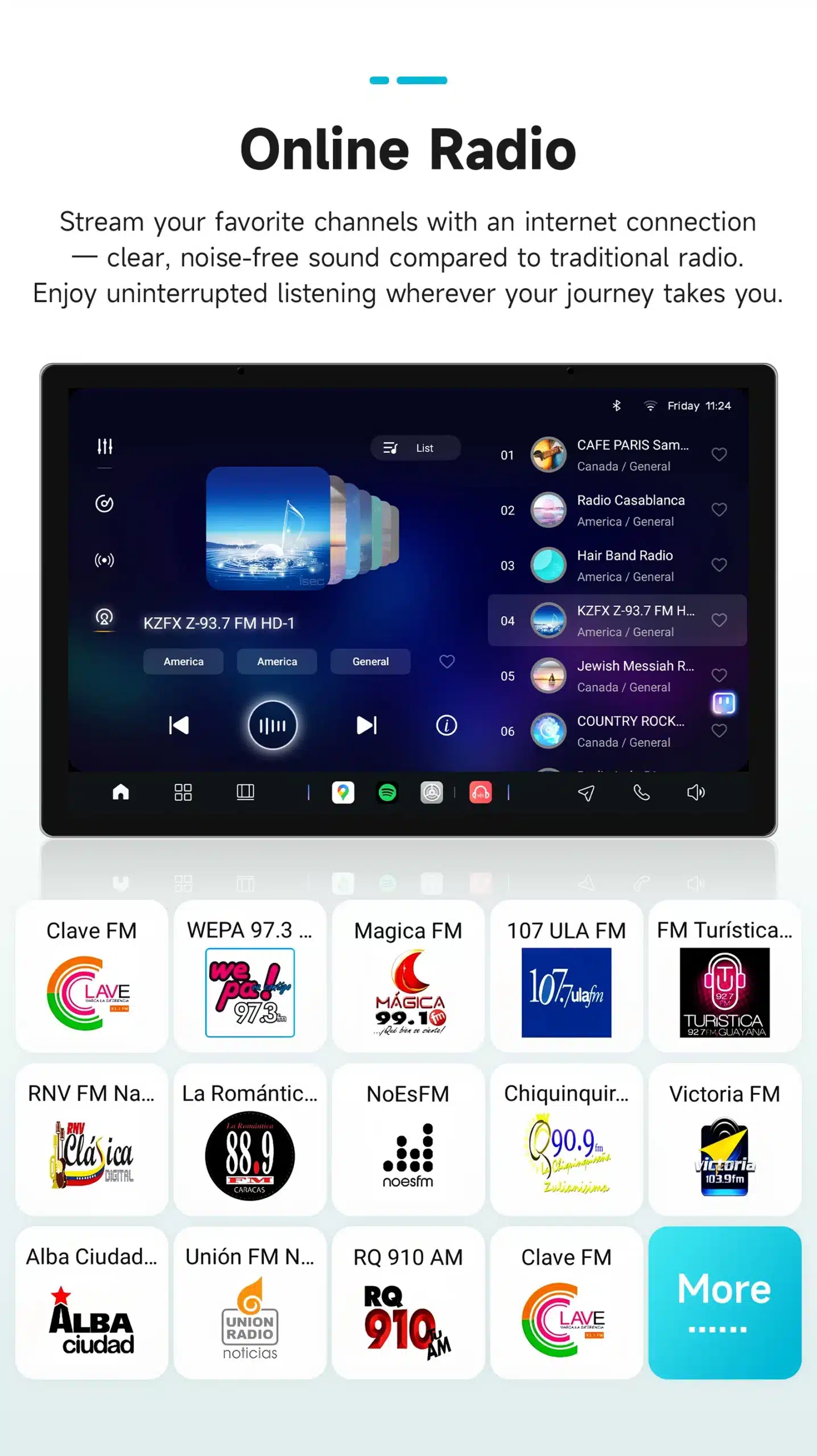Ekraan kuvab Autoraadio CarPlay Bluetooth USB Ford Focus internetiraadio menüüd, millel on nimekiri eri raadiokanalitest ja ikoonid rakenduste jaoks. Ekraan on tume ja detailne, rõhutades kasutajasõbralikkust.