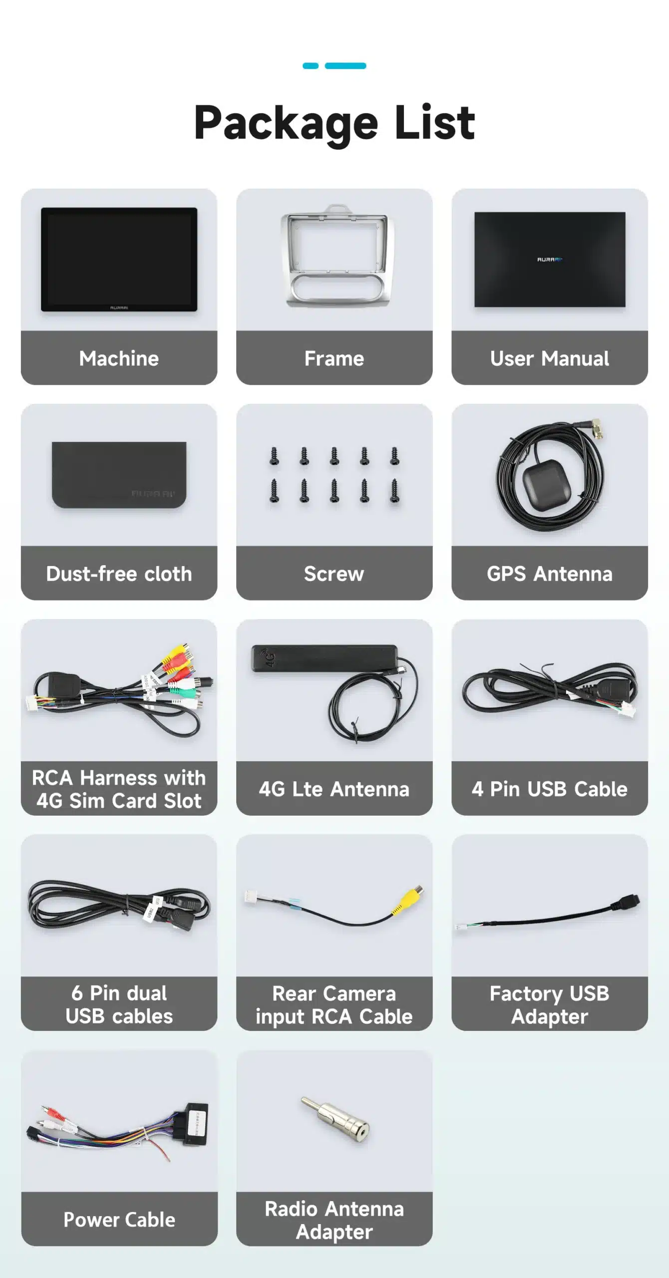 Komplekti kuuluvad seadmed ja tarvikud Autoraadio CarPlay Bluetooth USB Ford Focus jaoks, sealhulgas ekraan, raamitükk, kasutusjuhend, tolmuvaba riie, kruvid, GPS-antenn, RCA-kaabel koos 4G SIM-kaarti pesaga, 4G LTE antenn, USB-kaablid ja toitekaabel hallil taustal.