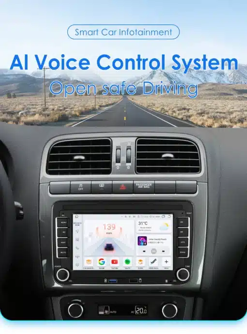 7-tolline 2-Din Android autoraadio GPS VW Volkswagen Skoda Golf Passat Polo Jetta | E-pood Tootemaailm Auto armatuurlaud 7-tollise 2-Din Android autoraadioga, mis on sobiv VW Volkswagen Skoda Golf Passat Polo Jetta mudelitele. Ekraanil kuvatakse kiirus, ilm ja multimeedia valikud, pilt taustaks teel lume ja mägedega.