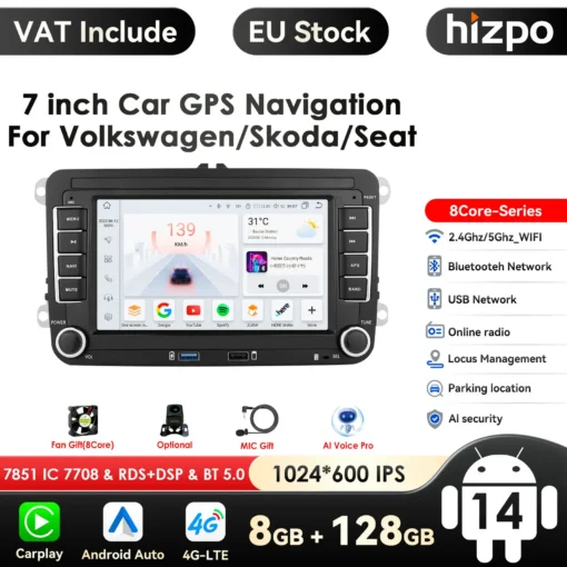 7-tolline 2-Din Android autoraadio GPS VW Volkswagen Skoda Golf Passat Polo Jetta | E-pood Tootemaailm 7-tolline 2-Din Android autoraadio koos GPS-funktsiooniga, mis sobib VW Volkswagen Skoda Golf Passat Polo Jetta autodele. Raadio on varustatud puuteekraaniga, millel on näha liides koos rakenduste ja ilmaga. Raadio külgedel on füüsilised nupud helitugevuse ja menüüde juhtimiseks.