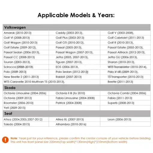 7-tolline 2-Din Android autoraadio GPS VW Volkswagen Skoda Golf Passat Polo Jetta | E-pood Tootemaailm Toetatud automudelid ja aastad, mis sobivad 7-tollise 2-Din Android autoraadio GPS vahendusel VW Volkswagen, Skoda ja Seat sõidukitele.