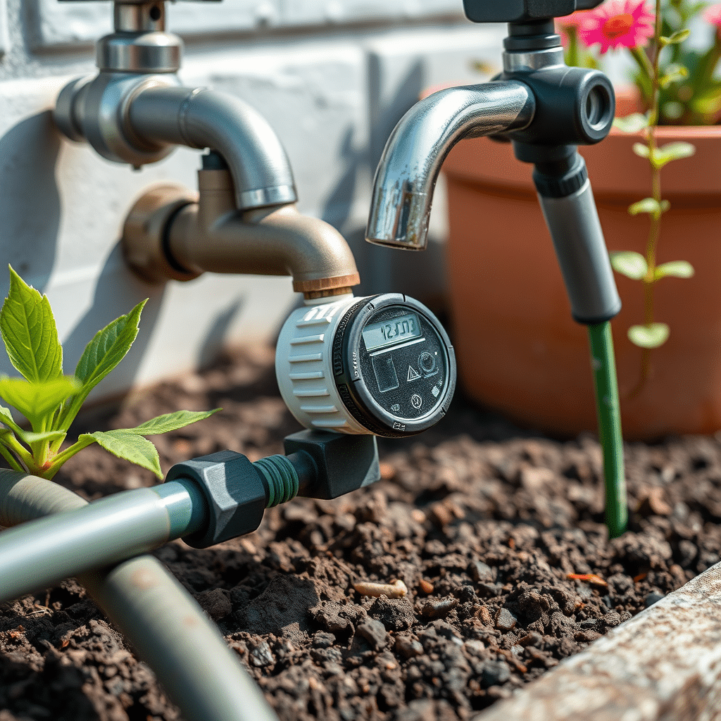 Aia kastmise taimer koos vooliku ja taimedega