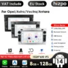 Android autoraadio Opel Astra H J Vectra Vauxhall Antara Zafira Corsa Vivaro Meriva Veda | E-pood Tootemaailm Kolm Android autoraadiot mudelitele Opel Astra H, Vectra ja Vauxhall Antara, mis on paigutatud stuudio taustal. Igal raadiol on moodne puutetundlik ekraan, mis kuvab helirakendusi ja navigatsiooni ning on ümbritsetud musta ja hõbedase korpusega.