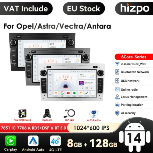 Android autoraadio Opel Astra H J Vectra Vauxhall Antara Zafira Corsa Vivaro Meriva Veda | E-pood Tootemaailm Kolm Android autoraadiot mudelitele Opel Astra H, Vectra ja Vauxhall Antara, mis on paigutatud stuudio taustal. Igal raadiol on moodne puutetundlik ekraan, mis kuvab helirakendusi ja navigatsiooni ning on ümbritsetud musta ja hõbedase korpusega.