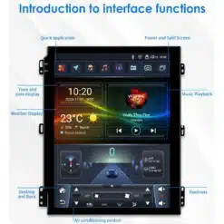 Android 14 2Din Car Radio for Ford Fiesta MK7 2009 - 2016, showing a 9.7-inch multimedia player interface with features like time, date, weather display, music playback, and air conditioning controls, all on a sleek black touchscreen panel.