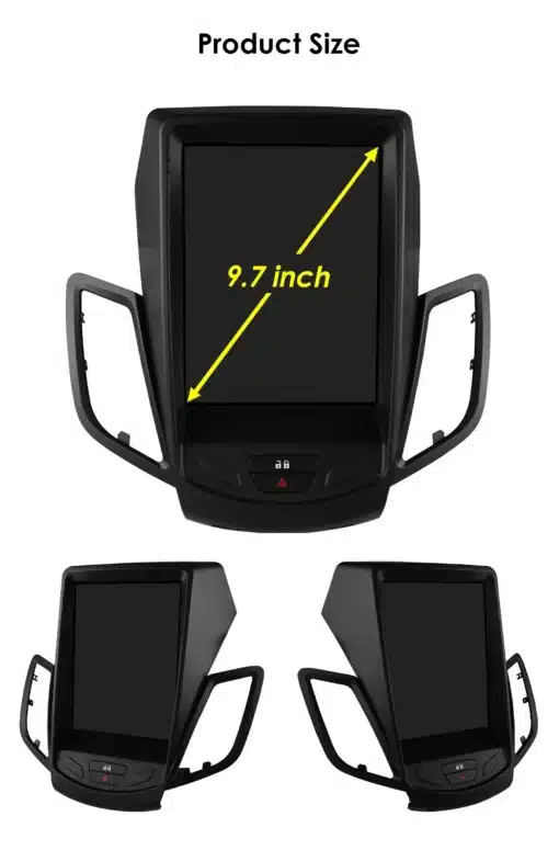 Android autoraadio 2Din Ford Fiesta MK7 2009 - 2016 | E-pood Tootemaailm Pildil on Android 14 2Din Car Radio for Ford Fiesta MK7 2009 - 2016 Multimedia Player Navigation Carplay Stereo Head Unit 9.7, mis on paigaldatud auto armatuurlauale mustas plastist raamistikus. Keskel asub 9.7-tolline ekraan, millele on lisatud kollane mõõdutähis. Komplekti kuuluvad küljedetailid on samuti nähtavad.