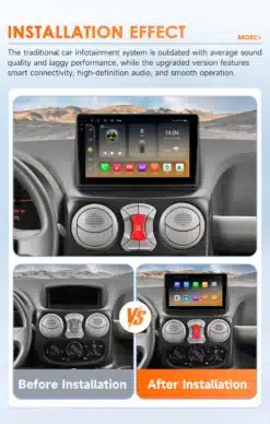 Pildil on kujutatud auto armatuurlauda enne ja pärast Autoraadio Fiat Doblo 2002-2009 paigaldamist. Vasakul vanem süsteem ja paremal kaasaegne GPS navigeerimise ja 360° kaameraga ekraan, taustaks mägine maastik.