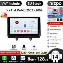 Autoraadio Fiat Doblo 2002-2009, GPS navigeerimine, 360° kaamera, kuvatud plastikust ekraan koos tarkvaraga, taustal asuvad disaini elemendid ja WiFi märgis.