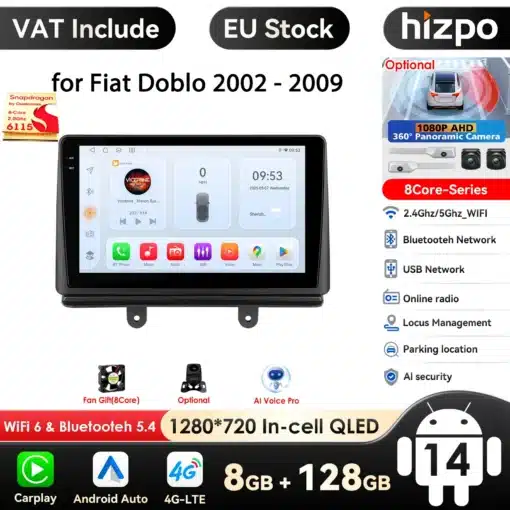 Autoraadio Fiat Doblo 2002-2009, GPS navigeerimine, 360° kaamera | E-pood Tootemaailm Autoraadio Fiat Doblo 2002-2009, GPS navigeerimine, 360° kaamera, kuvatud plastikust ekraan koos tarkvaraga, taustal asuvad disaini elemendid ja WiFi märgis.