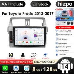 2 Din Android Autoraadio GPS-iga Toyota Land Cruiser Prado jaoks, millel on hõbedane raam, intuitiivne puutetundlik ekraan, kuvades kiirust ja muusika rakendusi. Seade on paigaldatud sõiduki armatuurlaua keskele, pakkudes mitmeid ühenduvusvõimalusi ja navigatsioonifunktsioone.