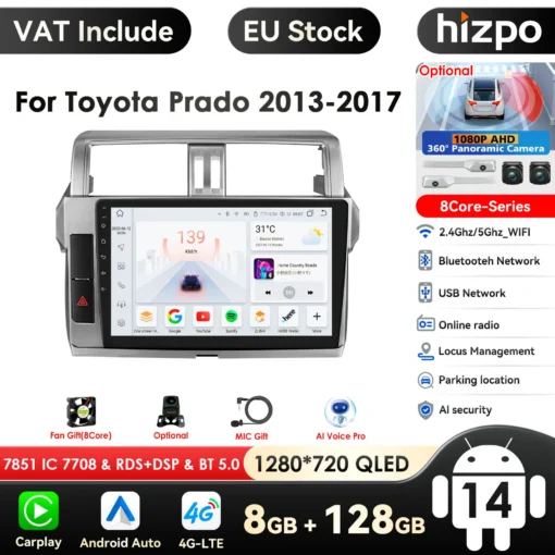 2 Din Android Autoraadio GPS-iga Toyota Land Cruiser Prado | E-pood Tootemaailm 2 Din Android Autoraadio GPS-iga Toyota Land Cruiser Prado jaoks, millel on hõbedane raam, intuitiivne puutetundlik ekraan, kuvades kiirust ja muusika rakendusi. Seade on paigaldatud sõiduki armatuurlaua keskele, pakkudes mitmeid ühenduvusvõimalusi ja navigatsioonifunktsioone.