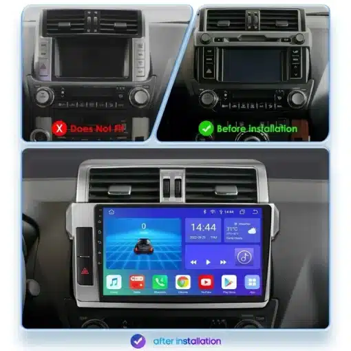 2 Din Android Autoraadio GPS-iga Toyota Land Cruiser Prado | E-pood Tootemaailm Toyota Land Cruiser Prado armatuurlaua keskosas paigaldatud 2 Din Android autoraadio GPS-iga, näidates suurt värvilist puuteekraani ja erinevaid rakendusi ekraanis. Ülemisel pildil on mainitud seadme sobivust armatuuriga enne ja pärast paigaldust.