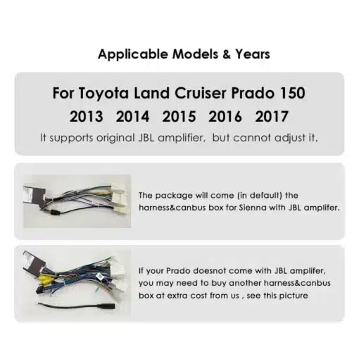 2 Din Android Autoraadio GPS-iga Toyota Land Cruiser Prado | E-pood Tootemaailm 2 Din Android Autoraadio GPS-iga Toyota Land Cruiser Prado juhtmestik ja lisatarvikud, mis sobivad mudelitele 2013–2017. Pildil on näha juhtmestiku komplekt ja Canbus-karp, esiplaanil selgelt eristatavad mitmevärvilised kaablid. Taust on neutraalne, keskendudes seadmetele, mis toetavad JBL võimendi originaali.