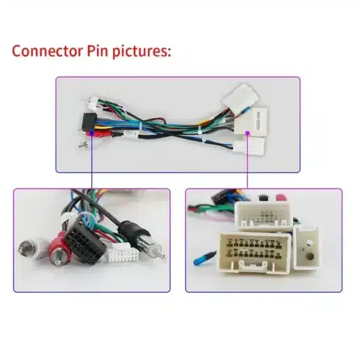 2 Din Android Autoraadio GPS-iga Toyota Land Cruiser Prado | E-pood Tootemaailm Mitmevärviline juhtmestik ja pistikud, mis sobivad 2 Din Android autoraadioga GPS-iga Toyota Land Cruiser Prado jaoks, kuvatud valgel taustal.
