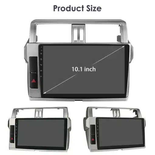 2 Din Android Autoraadio GPS-iga Toyota Land Cruiser Prado | E-pood Tootemaailm 2 Din Android Autoraadio koos GPS-iga, mis sobib Toyota Land Cruiser Pradosse, esitatuna kolme perspektiiviga, sealhulgas esipaneel 10,1-tollise ekraaniga ja hõbedase raamiga.
