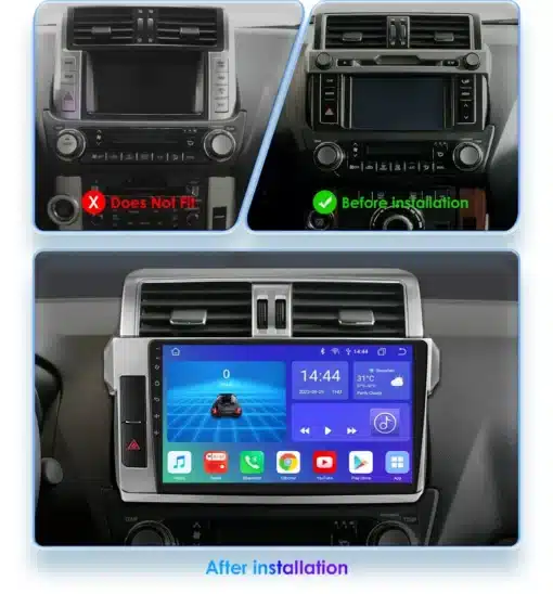 2 Din Android Autoraadio GPS-iga Toyota Land Cruiser Prado | E-pood Tootemaailm 2 Din Android autoraadio GPS-iga Toyota Land Cruiser Prado jaoks, paigaldatud auto armatuurlauale. Ülemisel osal on kaks pilti: vasakul on vale sobivuse indikaator ja paremal enne paigaldamist. Alumisel osal näidatakse pärast installatsiooni tulemust, koos modernse puuteekraani ja erinevate rakenduste ikoonidega.