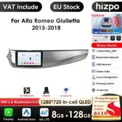Autoraadio 9 tolli Carplay 4G ja WiFi, hõbedane disain, paigaldatud Alfa Romeo Giulietta 2015-2018, näidik andmete ja nutirakenduste ikoonidega, klanitud kaasaegne viimistlus.