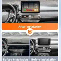 Dacia 2021-2025 auto armatuurlaud, millel on paigaldatud 10.1-tolline QLED ekraaniga autoraadio koos 4G ja GPS funktsioonidega, demonstreerituna pärast paigaldust. Enne paigaldust on nähtav tavaline armatuurlaud ilma ekraanita.