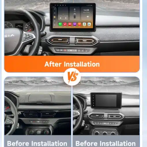 Autoraadio 10.1" QLED ekraaniga, 4G, GPS, Android 14, Dacia 2021-2025 | E-pood Tootemaailm Dacia 2021-2025 auto armatuurlaud, millel on paigaldatud 10.1-tolline QLED ekraaniga autoraadio koos 4G ja GPS funktsioonidega, demonstreerituna pärast paigaldust. Enne paigaldust on nähtav tavaline armatuurlaud ilma ekraanita.