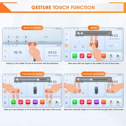 Autoraadio 10.1" QLED ekraaniga, 4G, GPS, Android 14, Dacia 2021-2025 | E-pood Tootemaailm Autoraadio 10.1" QLED ekraaniga, 4G, GPS, Android 14, Dacia 2021-2025. Pildil on nutikas puutetundlik ekraan, kus kuvatakse erinevad žestikombinatsioonid helitugevuse ja vaikimisrežiimi juhtimiseks. Tiitel "Gesture Touch Function" üleval. Käed illustreerivad intuitiivseid ekraanikäske.