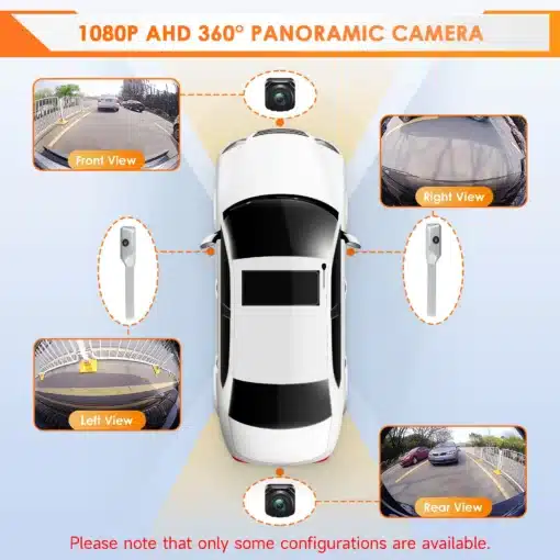 Autoraadio 10.1" QLED ekraaniga, 4G, GPS, Android 14, Dacia 2021-2025 | E-pood Tootemaailm Pildil on 1080P AHD 360° panoraamkaamerasüsteem kaardistamas auto ümbrust, tagades ohutu sõidu. Vaated ees, taga, paremal ja vasakul küljel on esitatud ühes autos kasutatavas kaasaegses süsteemis. Taustal on selge taevas ning tänava- ja parkimisala vaated, mis sobivad ideaalselt Dacia 2021-2025 mudelitele koos Autoraadioga 10.1" QLED ekraaniga, 4G, GPS, Android 14.