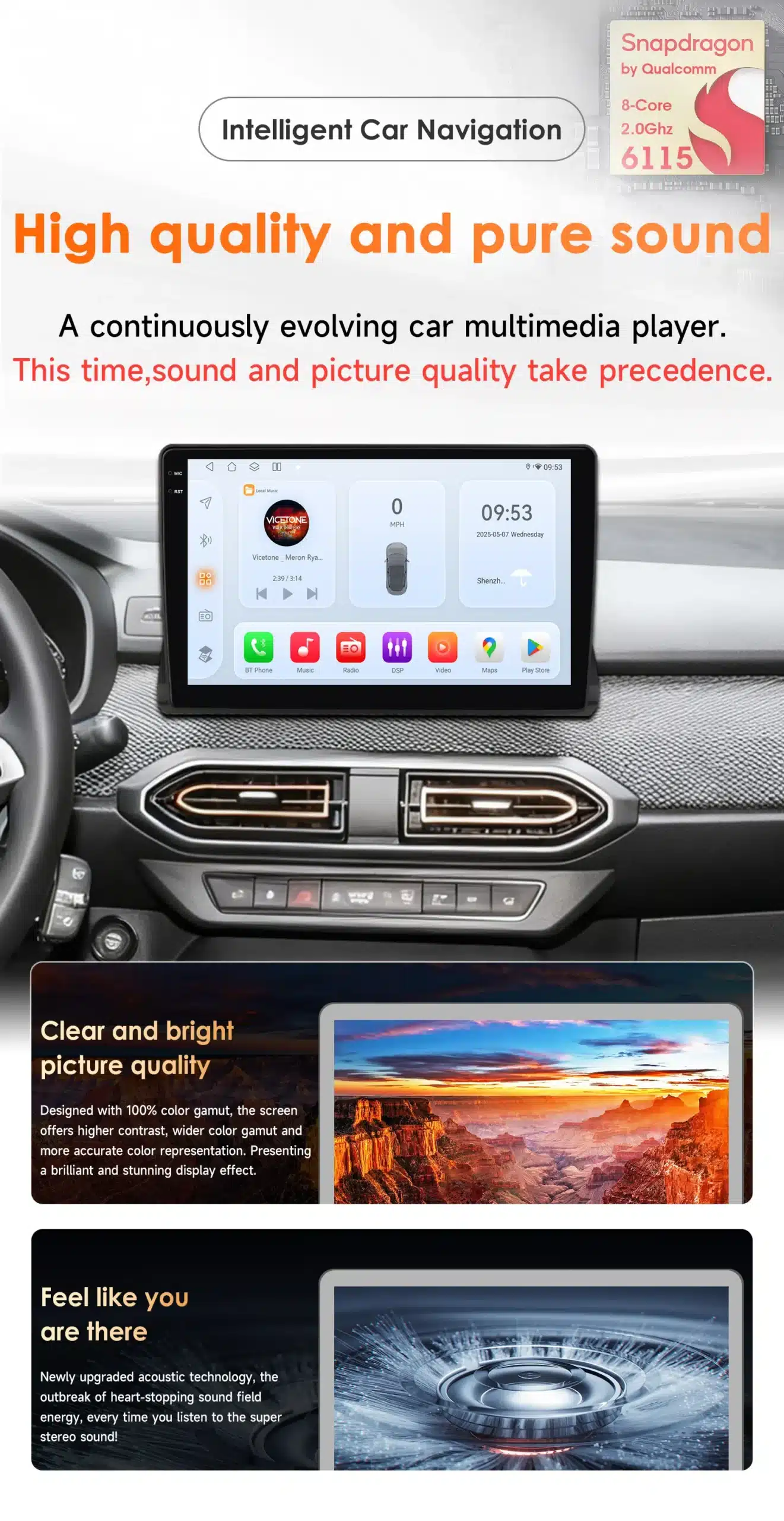 Autoraadio 10.1-tollise QLED ekraaniga, 4G, GPS, Android 14, integreeritud Dacia armatuurlauda, rõhutades kõrgekvaliteedilist helisüsteemi ja elavat ekraani.