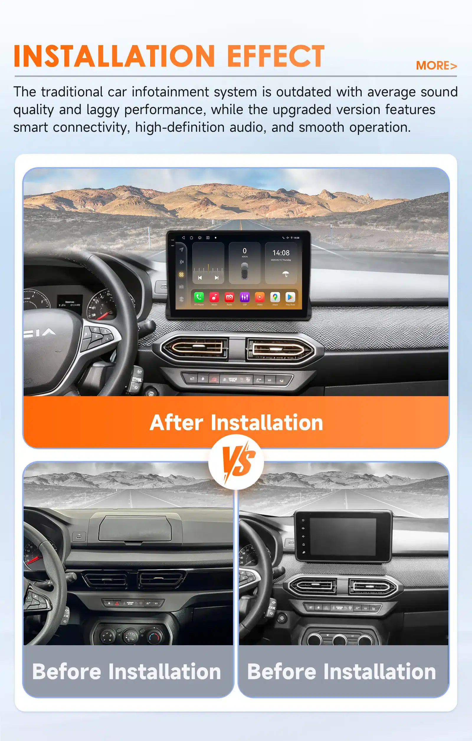 Autoraadio 10.1" QLED ekraaniga, 4G, GPS, Android 14, paigaldatud Dacia 2021-2025 armatuurlauale, esineb pärast paigaldamist sileda ja kaasaegse ilmega, võrreldes tavapärase autoradioga, millel puuduvad need uuENDlused.