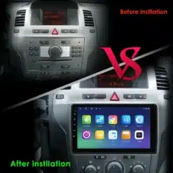 Võrdlus enne ja pärast: Autoraadio 2Din Android 14 4G-LTE Carplay integreerimine Opel Astra H/Zafira B armatuurlauda, näidates modernset ekraani koos värviliste ikoonidega allosas ja originaalset vana raadiot üleval.