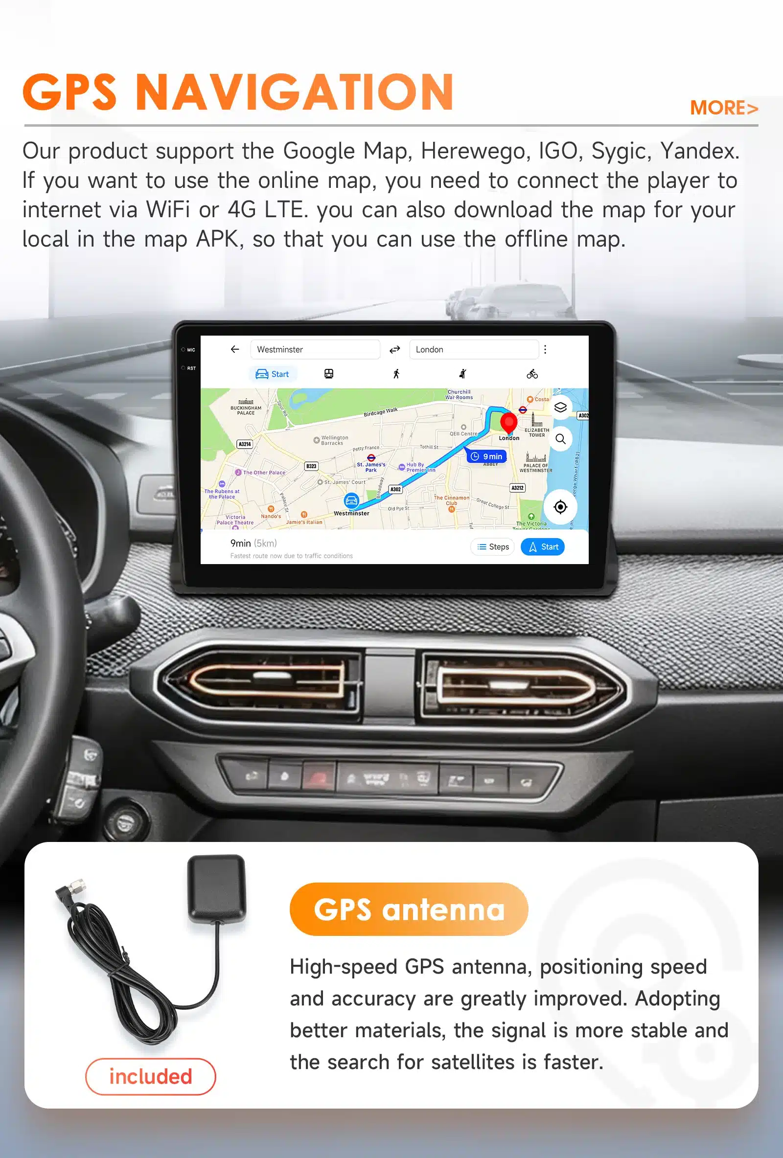 Autoraadio 10.1-tolline QLED ekraaniga kuvatakse Dacia 2021-2025 autos, millel on GPS navigatsioonikaart, rool ja armatuurlaud. Näidatud ka GPS-antenni pilt koos infograafikaga.