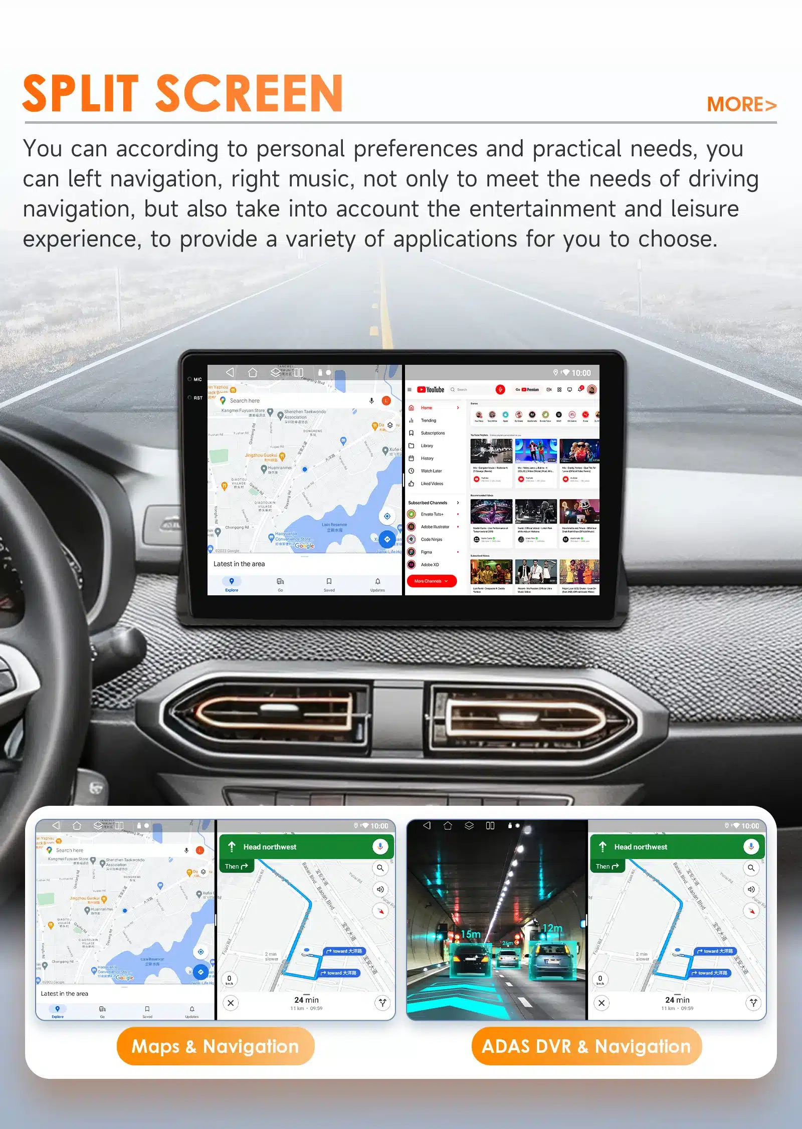 Autoraadio 10.1-tollise QLED ekraaniga, kuvades korraga teekonnakaardi ja video YouTube'ist; modernne armatuurlaud; ideaalne Dacia 2021–2025 mudelitele.