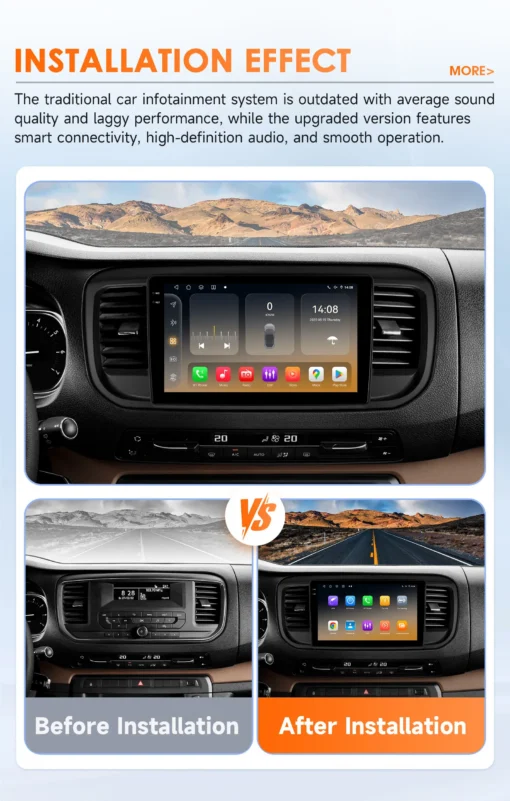 Multimeedia mängija 9'' 4G Android Peugeot Expert 3/Citroen Jumpy 3 | E-pood Tootemaailm Pildil on multimeedia mängija 9'' 4G Android Peugeot Expert 3/Citroen Jumpy 3, paigaldatud auto armatuurlauale, näidates erinevaid rakendusi värvilisel ekraanil. Taustal on avanev vaade mägedele ja maanteele.