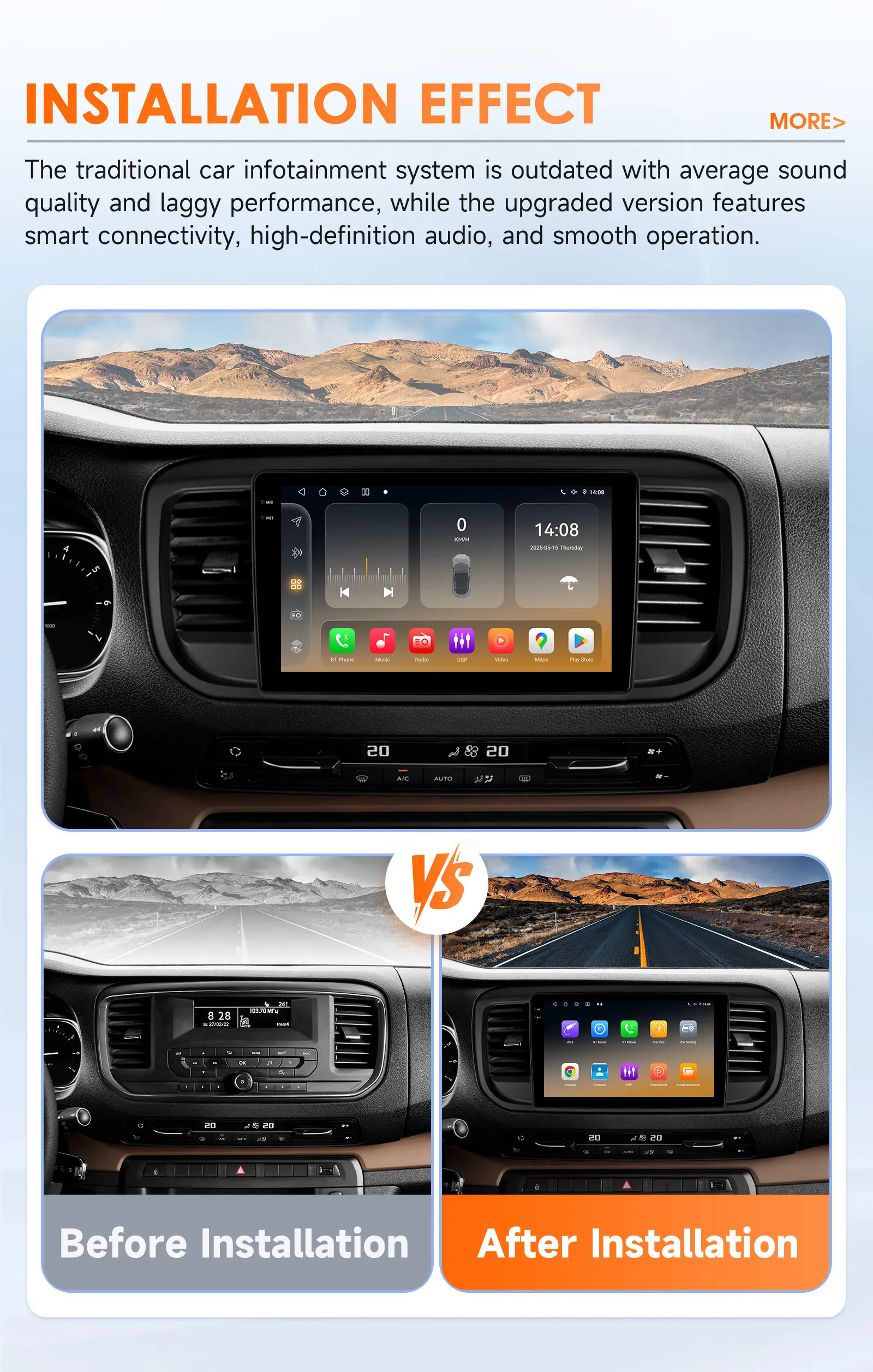 Autoraadio armatuurlaud, kus on paigaldatud multimeedia mängija 9'' 4G Android Peugeot Expert 3/Citroen Jumpy 3. Pildil on näha auto armatuurlaua ekraan, millel kuvatakse mitmeid rakendusi värvilisel taustal, võrreldes vanema süsteemiga, mis on mustvalge ja vähem interaktiivne. Taustaks mägine maastik.