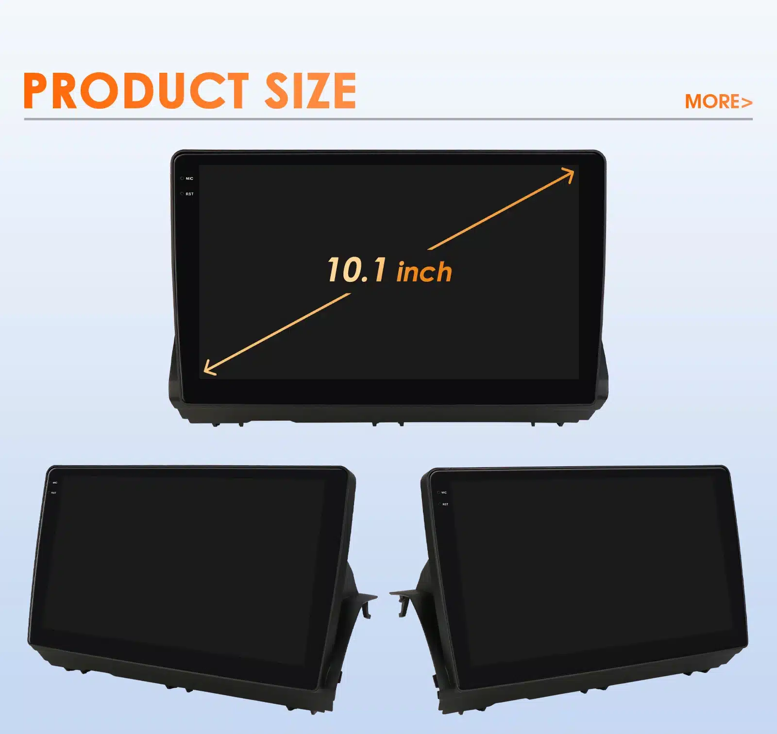 Autoraadio 10.1-tollise QLED ekraaniga, koos 4G ja GPS funktsionaalsusega, mis töötab Android 14 operatsioonisüsteemil, sobilik Dacia 2021-2025 mudelitele. Musta värvi raadio on esitatud kolme eri vaatenurgaga, asetatuna helerohelisele taustale.