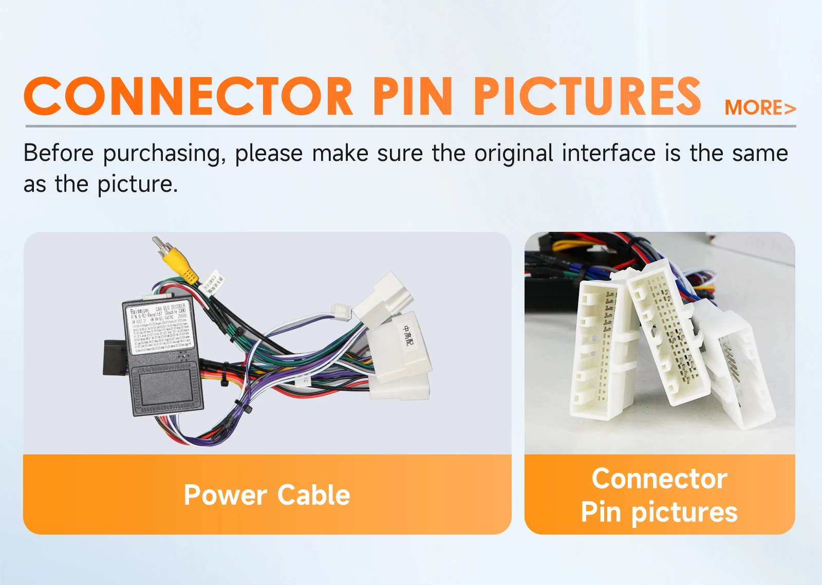 Autoraadio 10.1" QLED ekraaniga, 4G, GPS, Android 14, Dacia 2021-2025 ühenduskaablid ja pistikud valgel taustal, näidates erinevaid värvilisi juhtmeid ja valgeid plastikst pistikuid.