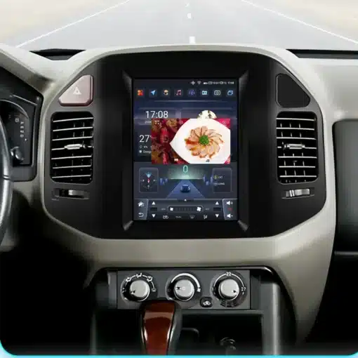 Mitsubishi Pajero 1999-2006 multimeedia raadio, millel on integreeritud GPS ekraan. Must moodne disain, mis sobib auto armatuurlauale, näitab selgelt suunaviidad ja meediasisu.