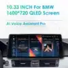 BMW Android autoraadio GPS-iga ja Carplay toega E60 E90 | E-pood Tootemaailm BMW Android autoraadio GPS-iga ja Carplay toega E60 E90. Suure 10.33-tollise QLED ekraaniga seade autosalongis, kuvades muusika, navigatsiooni ja Bluetoothi rakendusi. Nuppude ja armatuurlaua detailid nähtaval.