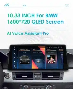 BMW Android autoraadio GPS-iga ja Carplay toega E60 E90. Suure 10.33-tollise QLED ekraaniga seade autosalongis, kuvades muusika, navigatsiooni ja Bluetoothi rakendusi. Nuppude ja armatuurlaua detailid nähtaval.