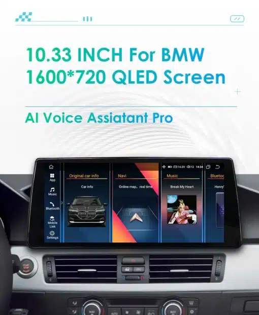 BMW Android autoraadio GPS-iga ja Carplay toega E60 E90 | E-pood Tootemaailm BMW Android autoraadio GPS-iga ja Carplay toega E60 E90. Suure 10.33-tollise QLED ekraaniga seade autosalongis, kuvades muusika, navigatsiooni ja Bluetoothi rakendusi. Nuppude ja armatuurlaua detailid nähtaval.