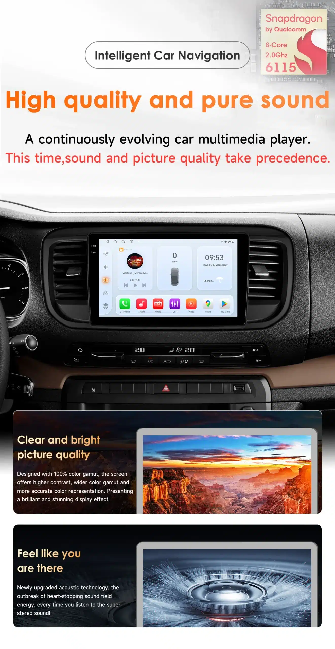 Multimeedia mängija 9'' 4G Android Peugeot Expert 3/Citroen Jumpy 3 ekraan, mis kuvab auto multimeediarakendusi tumedas autosalongis.