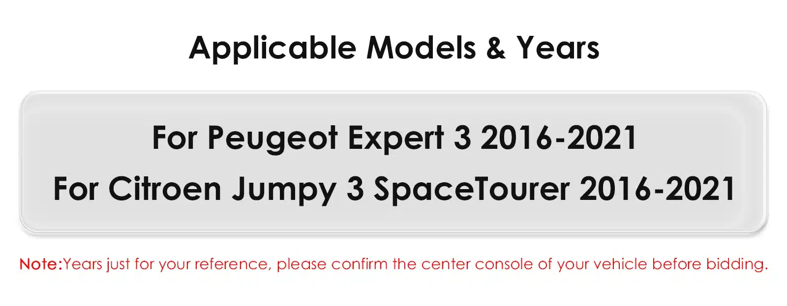 Illustratsioon, mis loetleb sobivad automudelid Peugeot Expert 3 ja Citroen Jumpy 3 SpaceTourer aastate lõikes, toetudes Multimeedia mängija 9'' 4G Androidile.