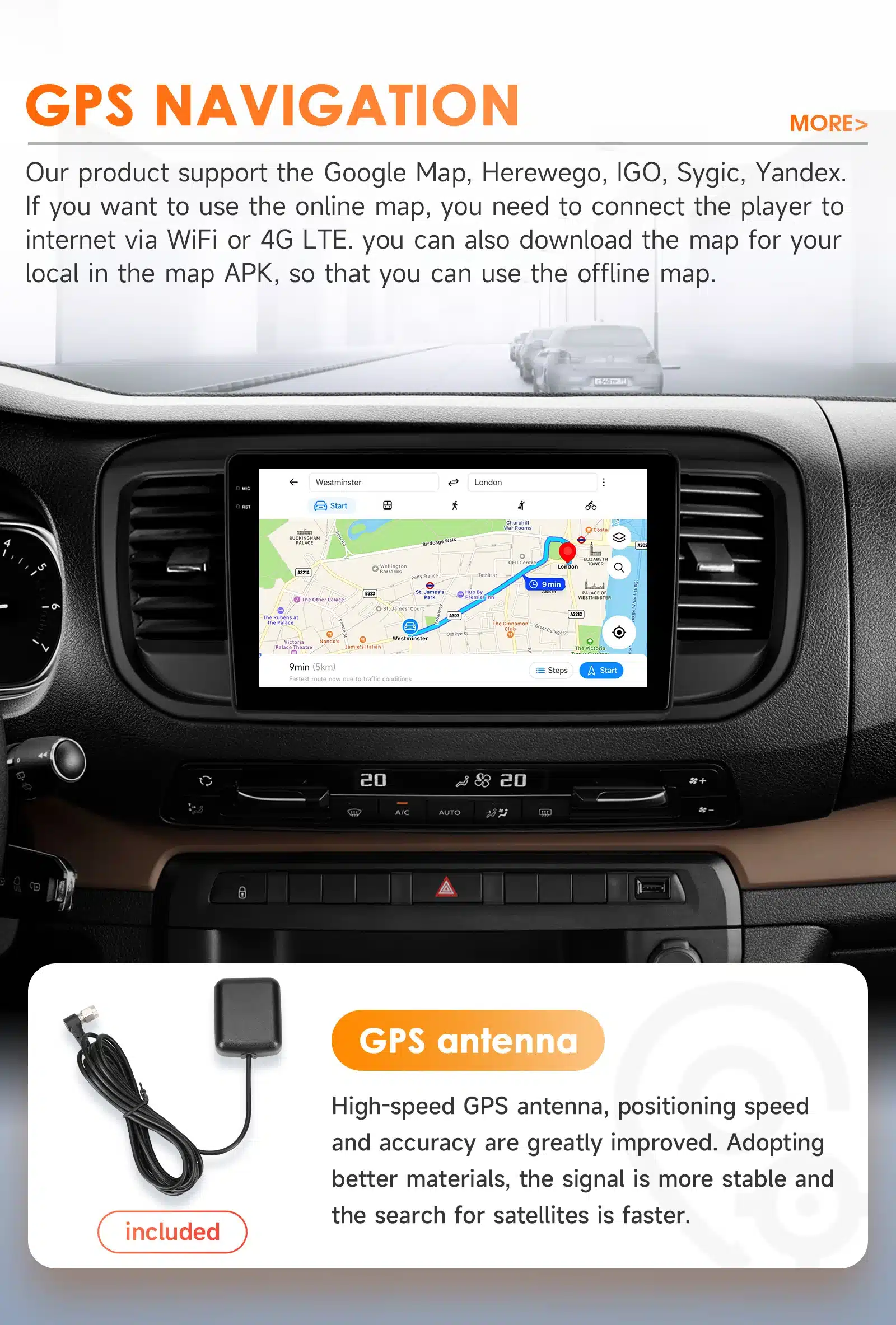 Multimeedia mängija 9'' 4G Android ekraan, mis on paigaldatud Peugeot Expert 3 või Citroen Jumpy 3 armatuurlauale, näitab juhistega kaarti. Tekstiga GPS antenni kirjeldus on esiplaanil.